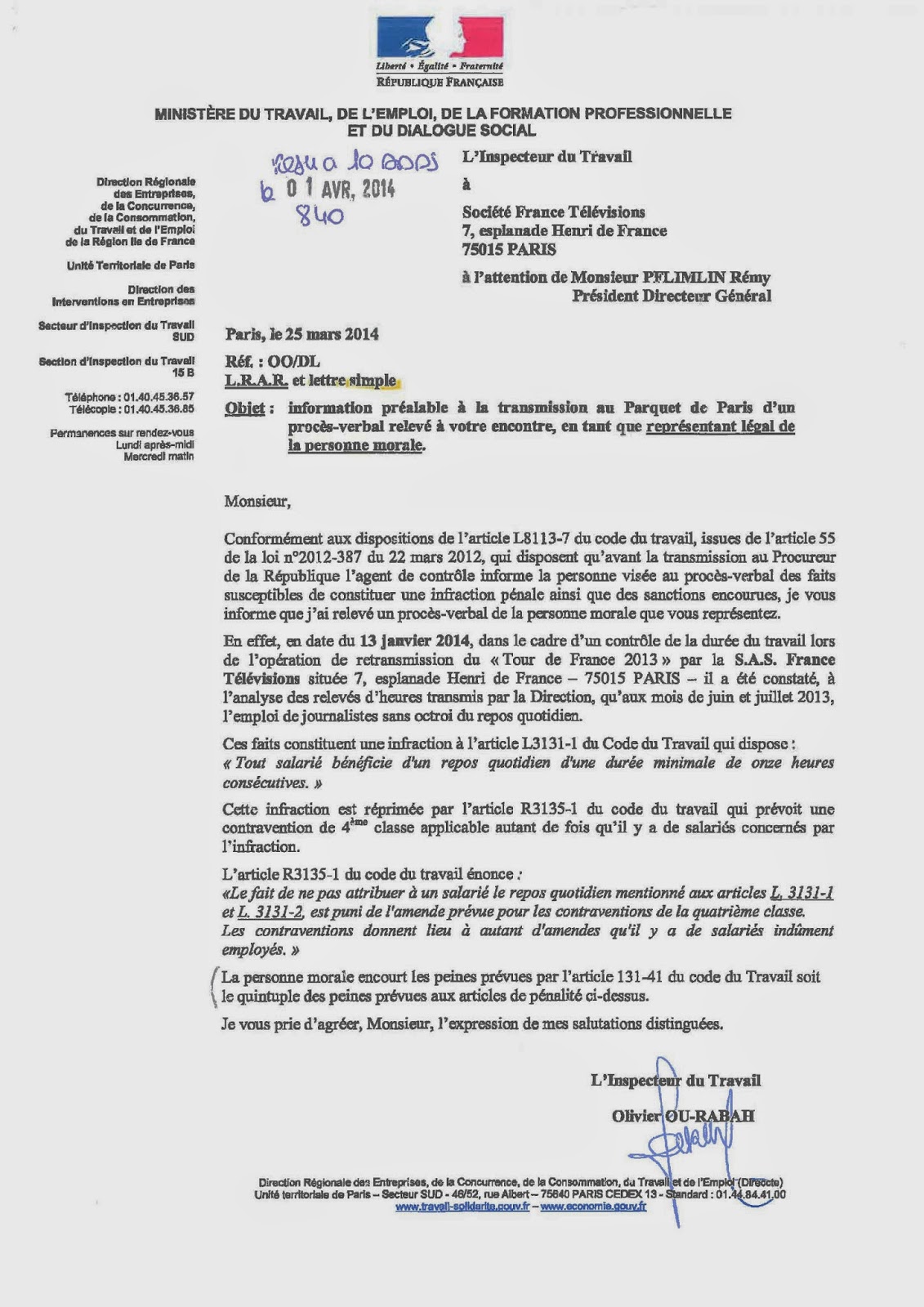 demande d intervention de l inspection du travail